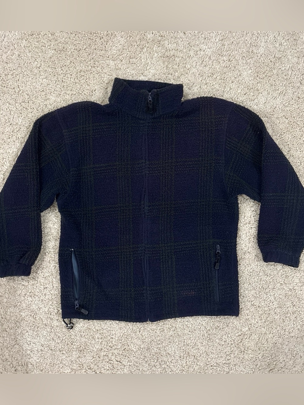 London Fog Women’s Oversized Fleece Navy Blue & Green Zip Up Jacket Size Small